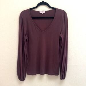 Michael Stars Long Sleeve V-Neck Tee Shirt with Balloon Sleeves Wine Size Small